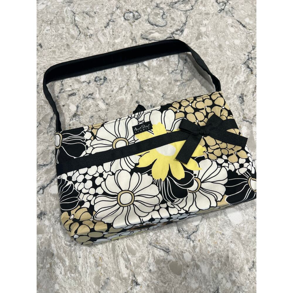 Reversible Anna Street Handbag Fabric Black White Yellow Plaid and Floral JL